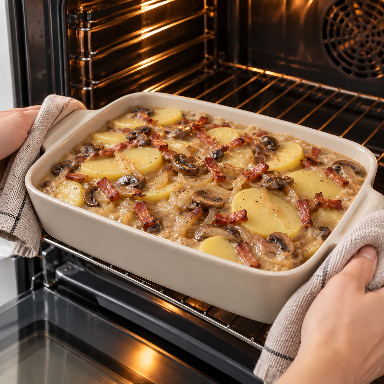 Une seule action : Cuire le gratin. Le gratin est chaud et la sauce bouillonne légèrement. Uniquement les ingrédients de cette phase : Pommes de terre, Oignon, Champignons de Paris, Lardons végétaux fumés, Huile végétale, Sauce soja salée, cassonade, Sirop d’érable, Fécule de maïs, Eau froide, Tahini blanc, Levure maltée. Allumettes végétales fumées rosées à base de soja ; jamais de tofu ni de miso. Sauce onctueuse brun clair au sésame, plus pâle que dans la source.
