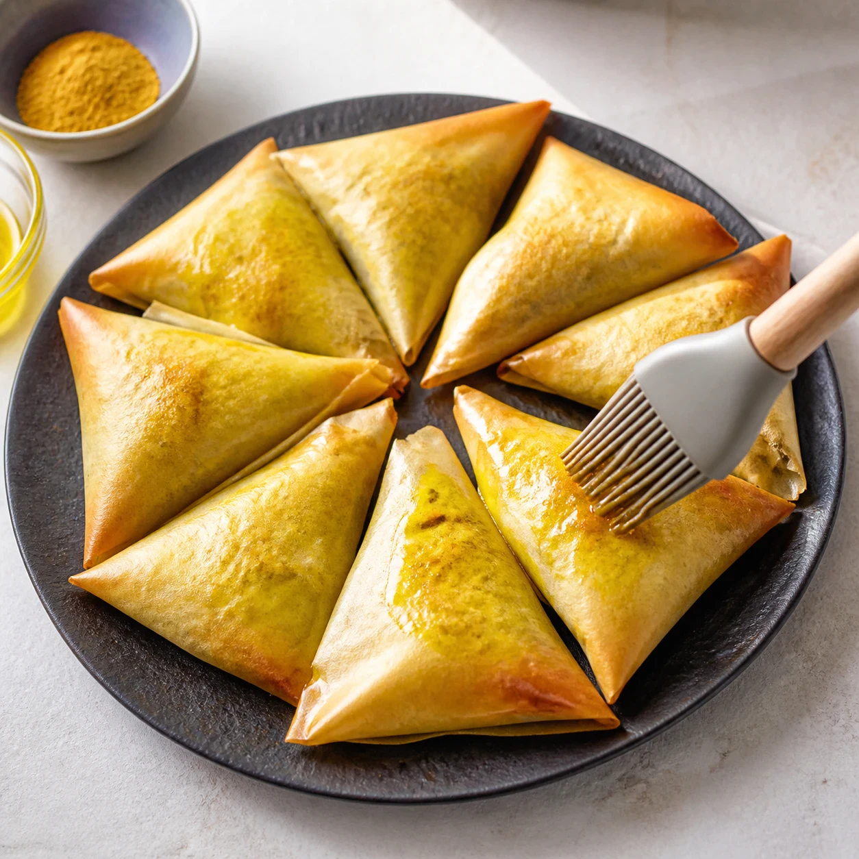 Samoussas triangulaires en feuille de brick dorée disposés en cercle sur une assiette sombre, taches jaunes de curry visibles sous la pâte, surface brillante d'un filet d'huile d'olive. Aucune sauce, aucune main, aucun texte, aucune marque.