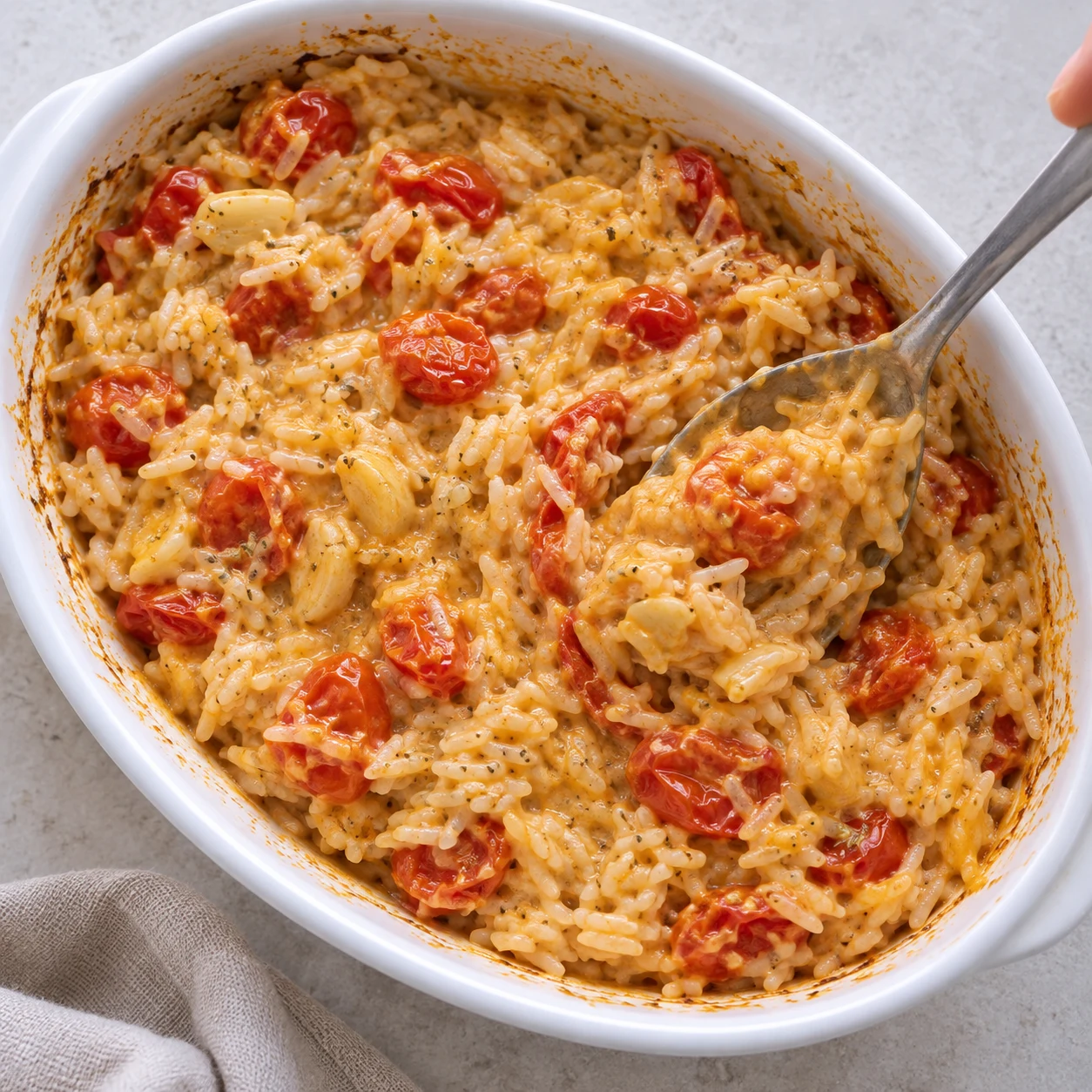 Cuillère mélangeant une sauce dorée de tranches végétales fondues avec le riz cuit, les tomates rôties et les gousses d’ail, sans bloc blanc.