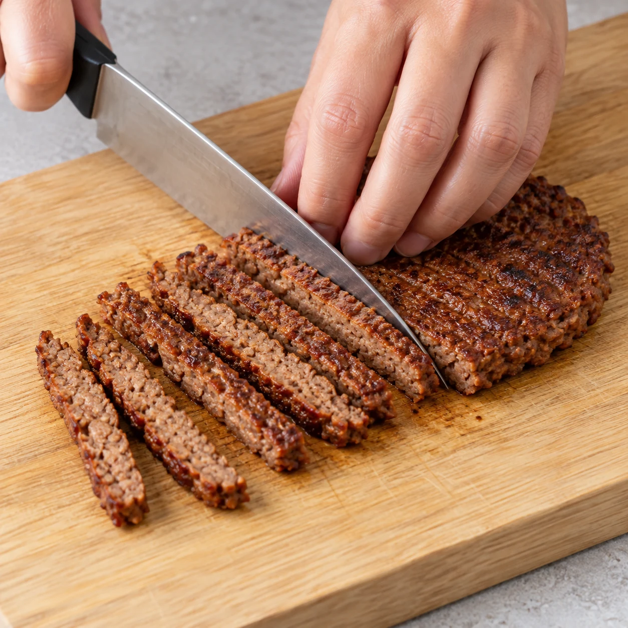Couteau en action sur un steak végétal cuit, fines lamelles sur une planche stable, prise en griffe.