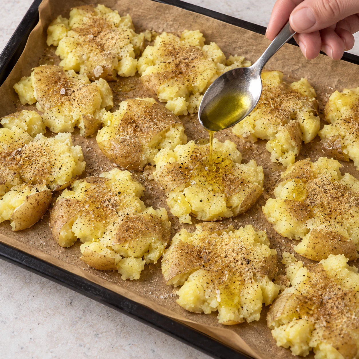 Assaisonnement des petites pommes de terre aplaties, encore jaunes et non rôties.