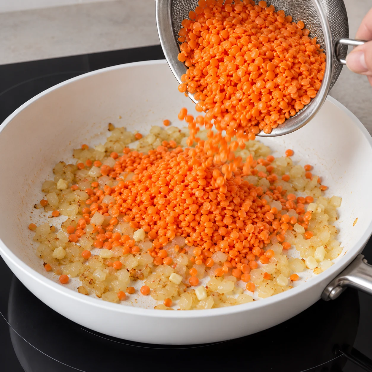 Passoire fine en inox inclinée qui verse des lentilles corail humides orange vif dans la poêle blanche contenant l'oignon et l'ail revenus.