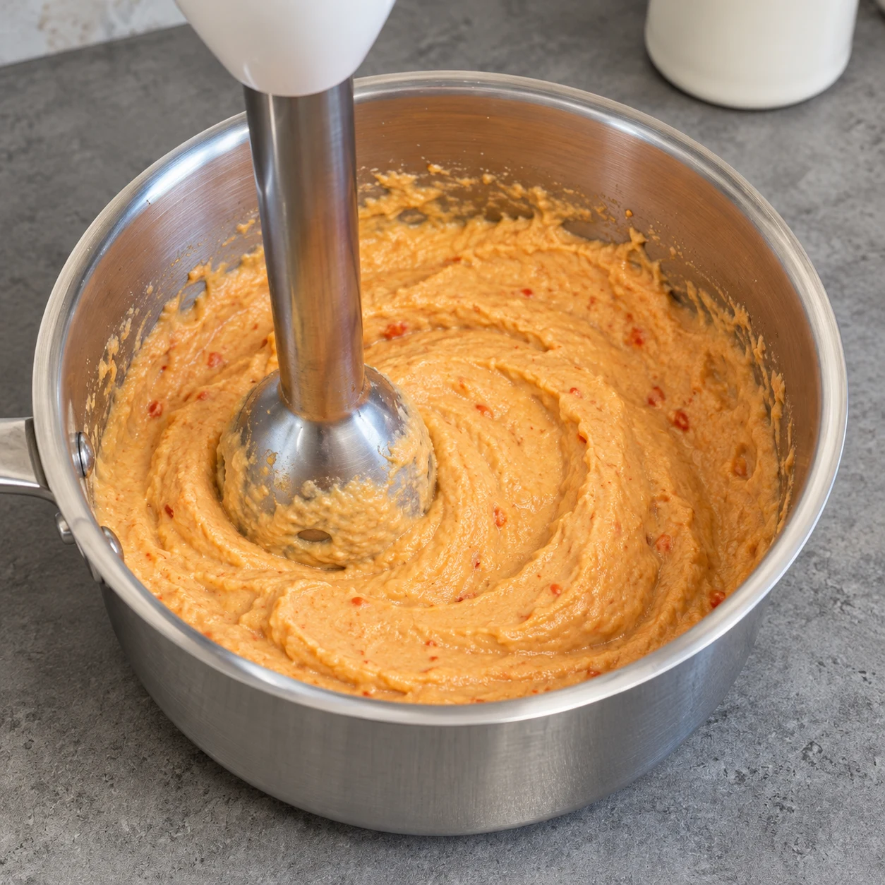 Mixer le houmous : Le houmous est lisse et crémeux, de couleur beige orangé.