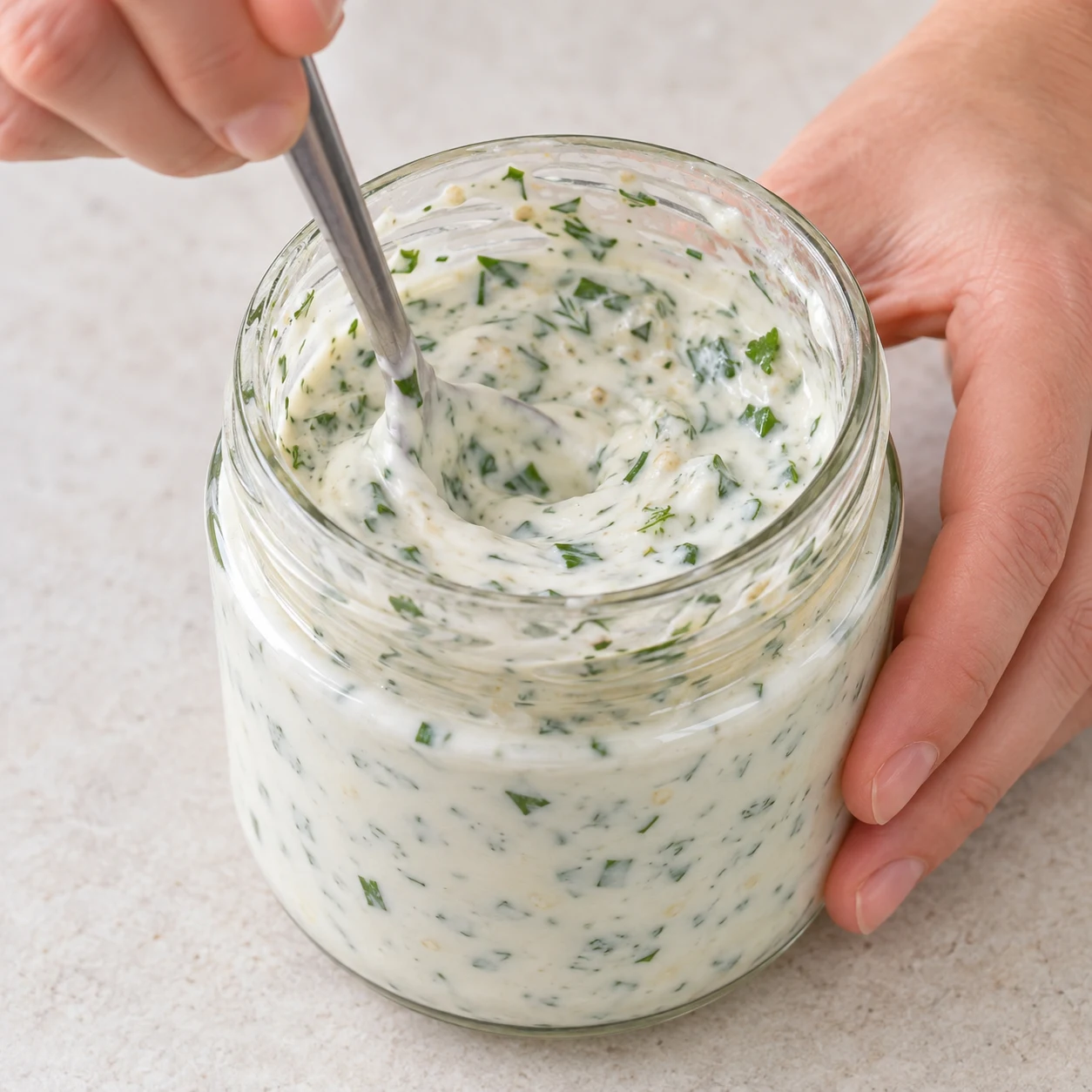 Remuer à la cuillère une sauce blanche aux petites herbes vertes.