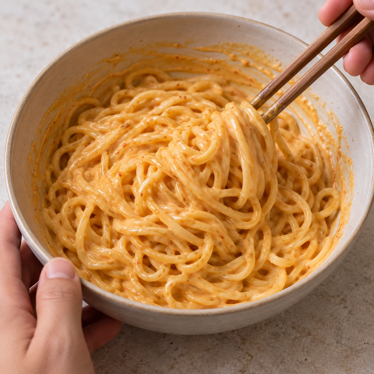 Napper les nouilles : La sauce enrobe toutes les nouilles.