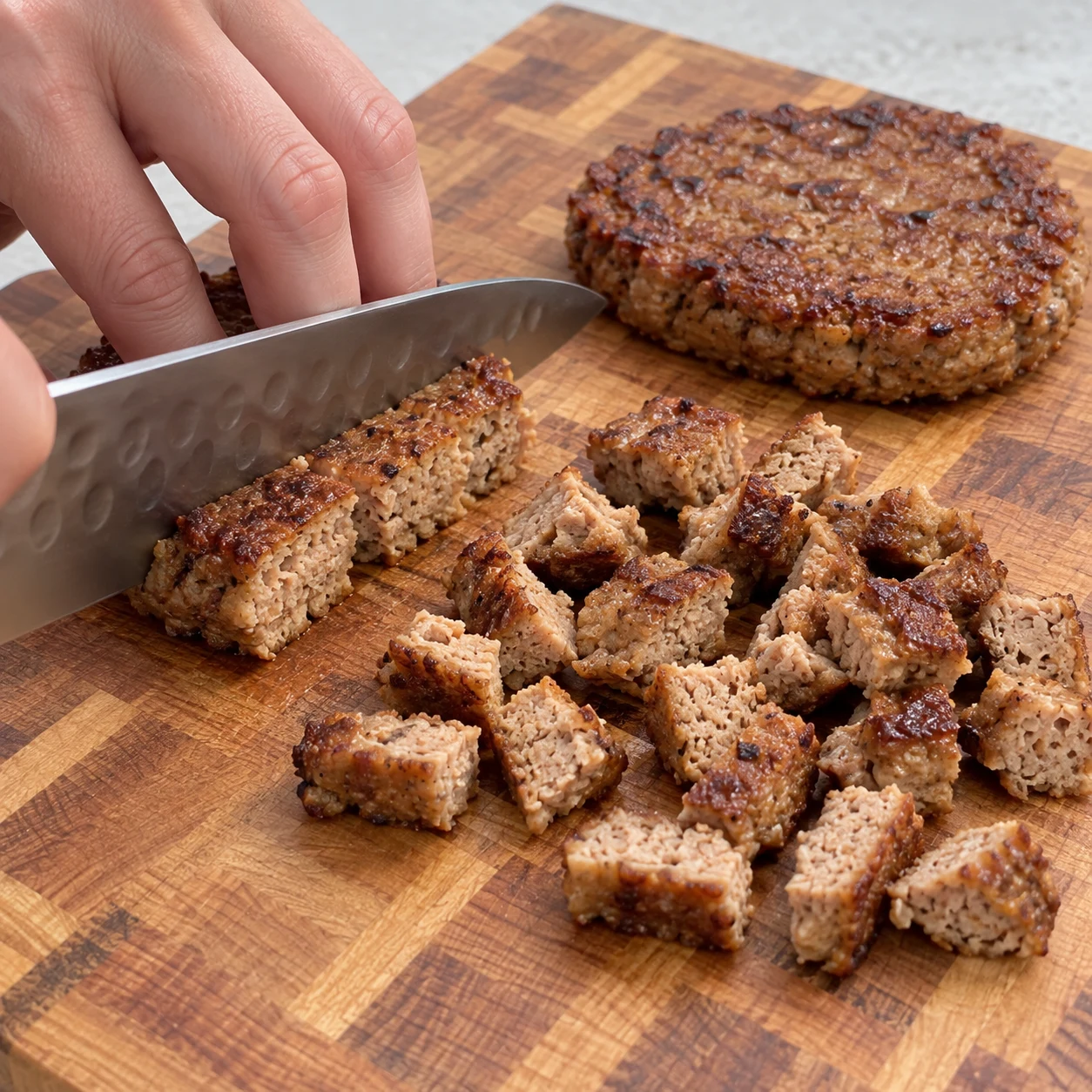 Découper les steaks végétaux cuits en petits morceaux sur une planche stable. Montrer seulement les ingrédients de cette phase, dans une mise en scène claire et anonyme.