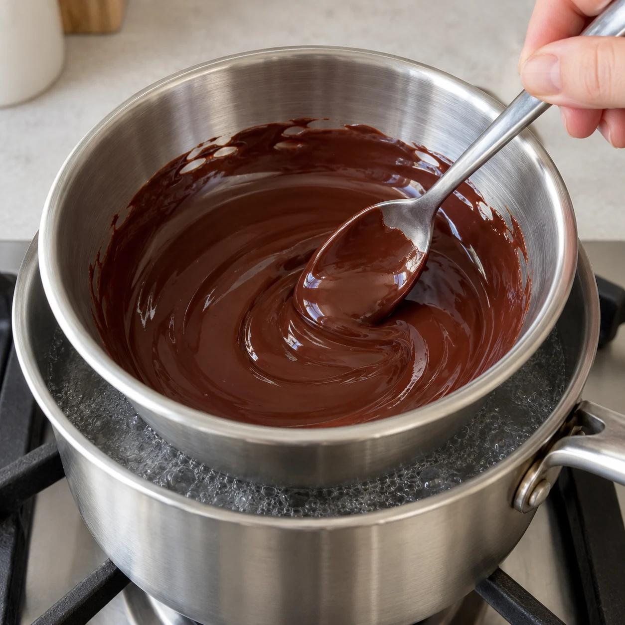 Fais fondre un peu de chocolat noir dans un bol au bain-marie doux. Remue pour obtenir une texture lisse. Une seule photographie carrée, une seule phase.