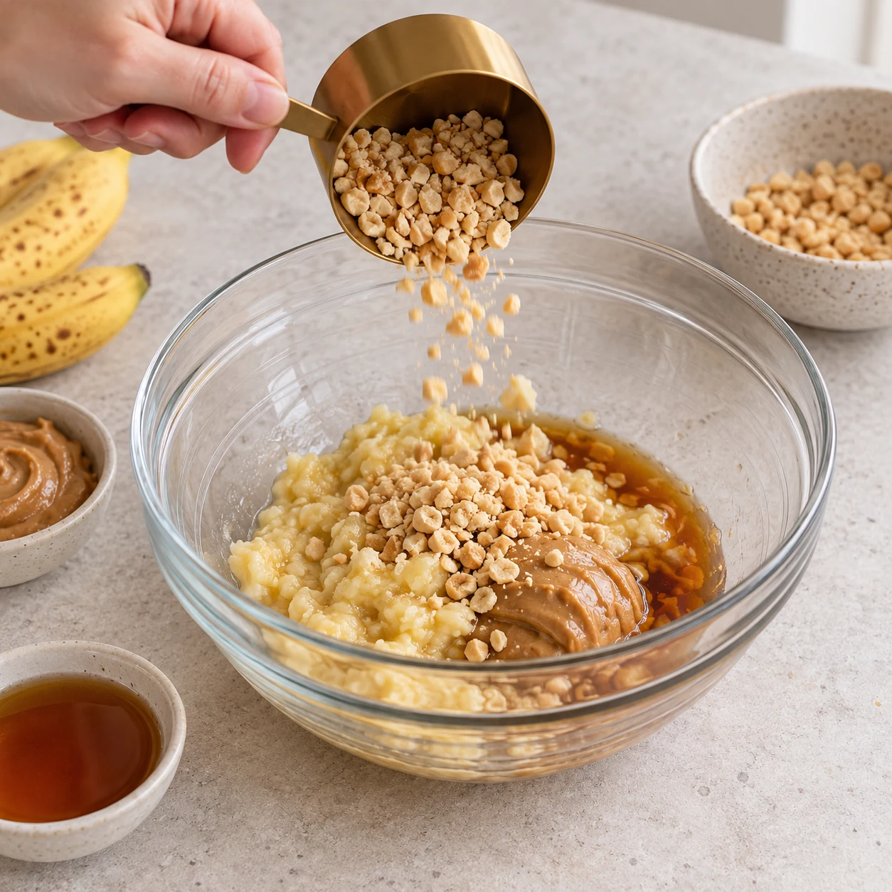 Versez les 40 g de cacahuètes concassées dans le saladier. Une seule phase, texture fidèle à la recette d’origine, plan de travail pierre pâle et vaisselle neutre ; mains anonymes seulement.
