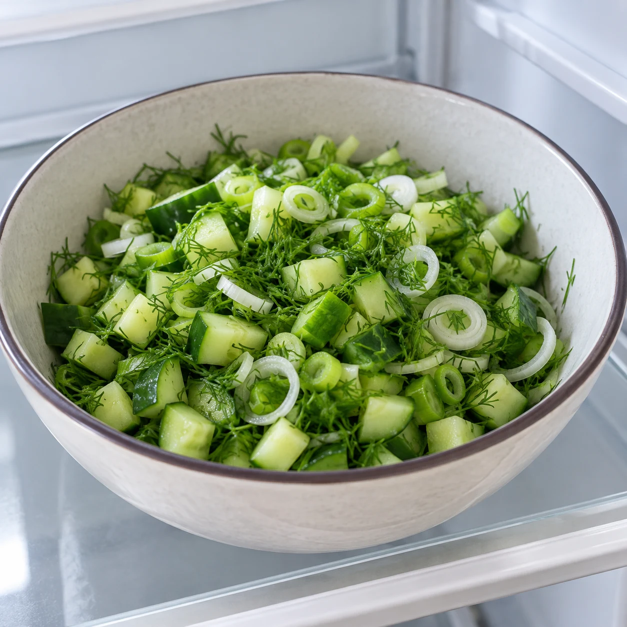 Saladier de concombre en dés, oignon nouveau et aneth ciselé avant ajout de sauce.