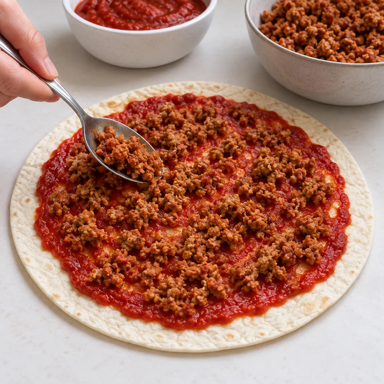 Les miettes de haché végétal sont réparties sur la couche de sauce.