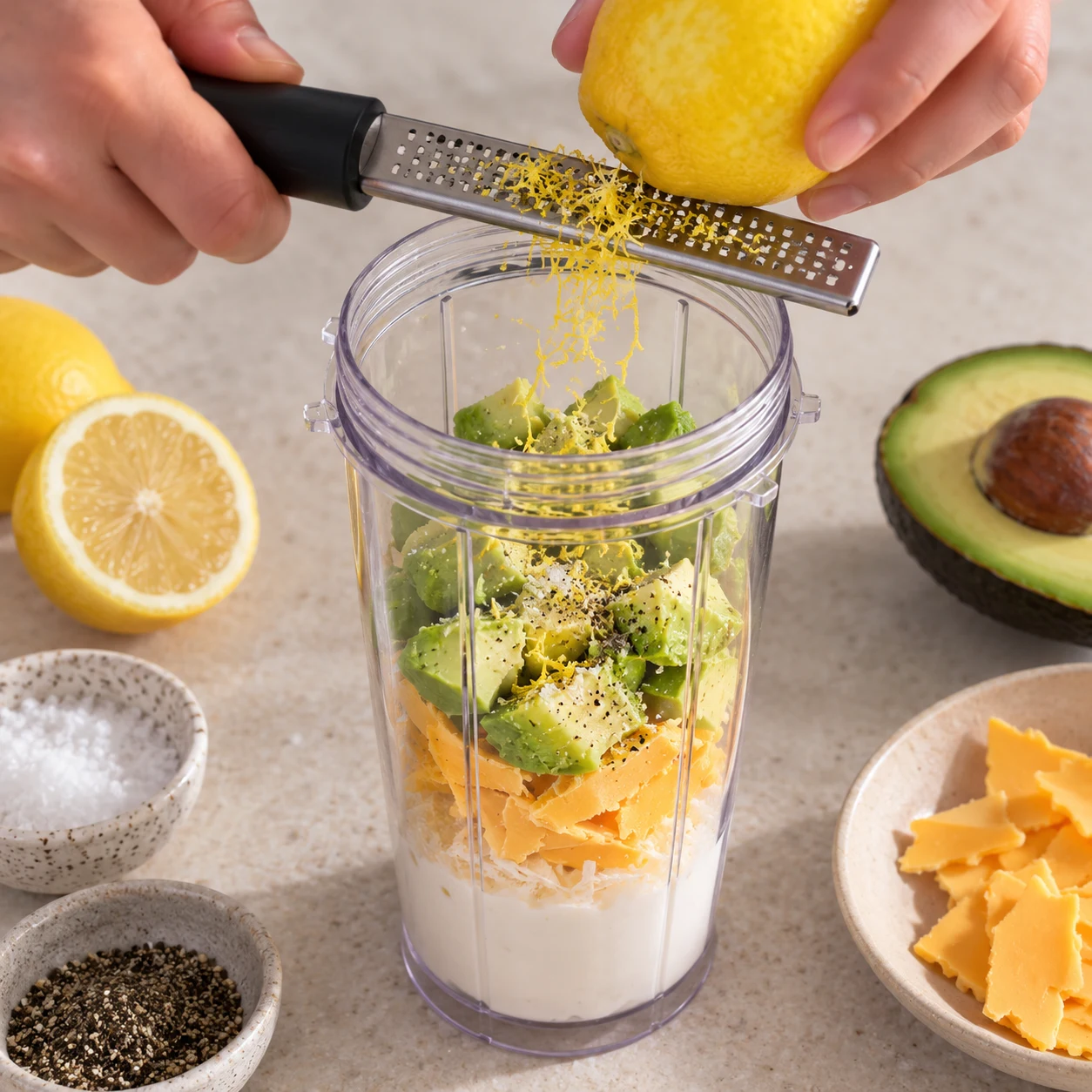 Bol transparent du blender contenant yaourt végétal, tranchettes végétales, morceaux d’avocat, jus de citron, sel et poivre ; mains anonymes prélevant le zeste du citron à la râpe au-dessus du bol.