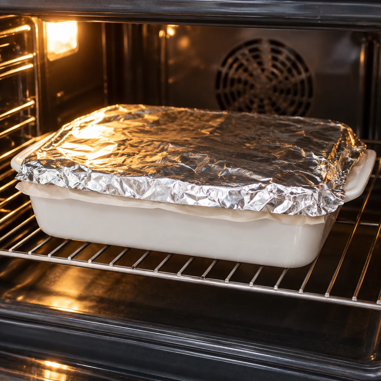 Plat blanc couvert de papier cuisson et d’aluminium sur la grille d’un four ; aucun gratin découvert à cette phase. Les tranches végétales façon cheddar sont orangées ; aucune matière laitière.