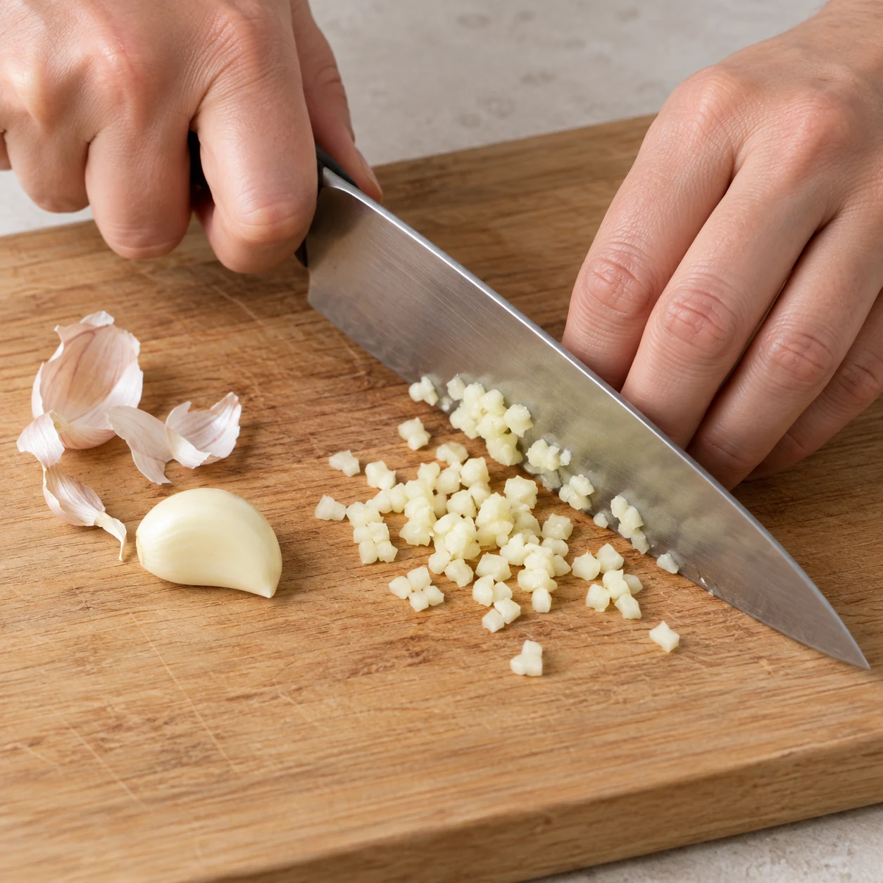 Photographie carrée de l’action : Émincer l’ail. La gousse est émincée en petits morceaux. Ingrédients exclusivement ceux de cette étape ; jambon et fromages sont végétaux.