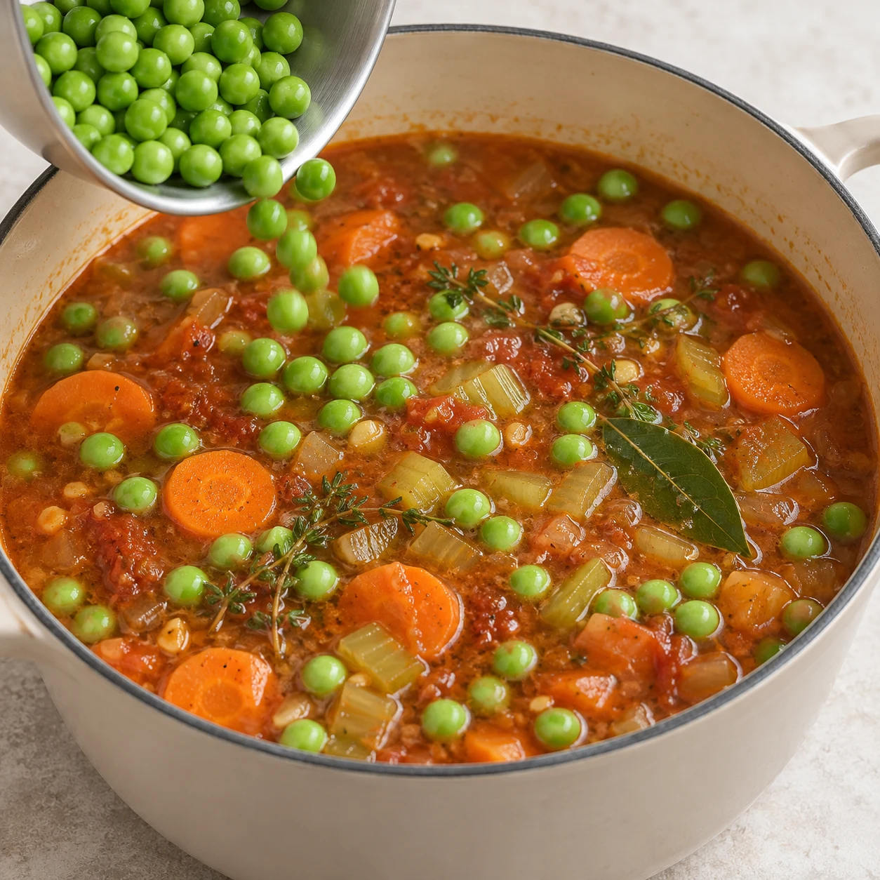 Petits pois verts ajoutés au ragoût de légumes.