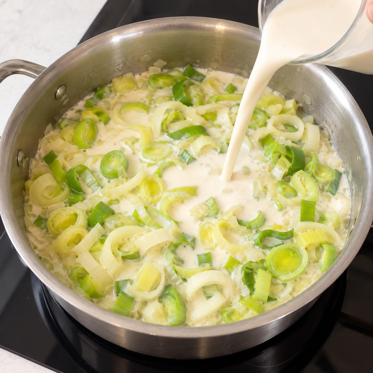 Incorporez les 500 ml de crème de soja cuisine aux poireaux dans la casserole. Cette crème végétale remplace la crème liquide de la source. Montrer seulement cet état, sans personne identifiable, visage, texte, logo ni ingrédient futur.