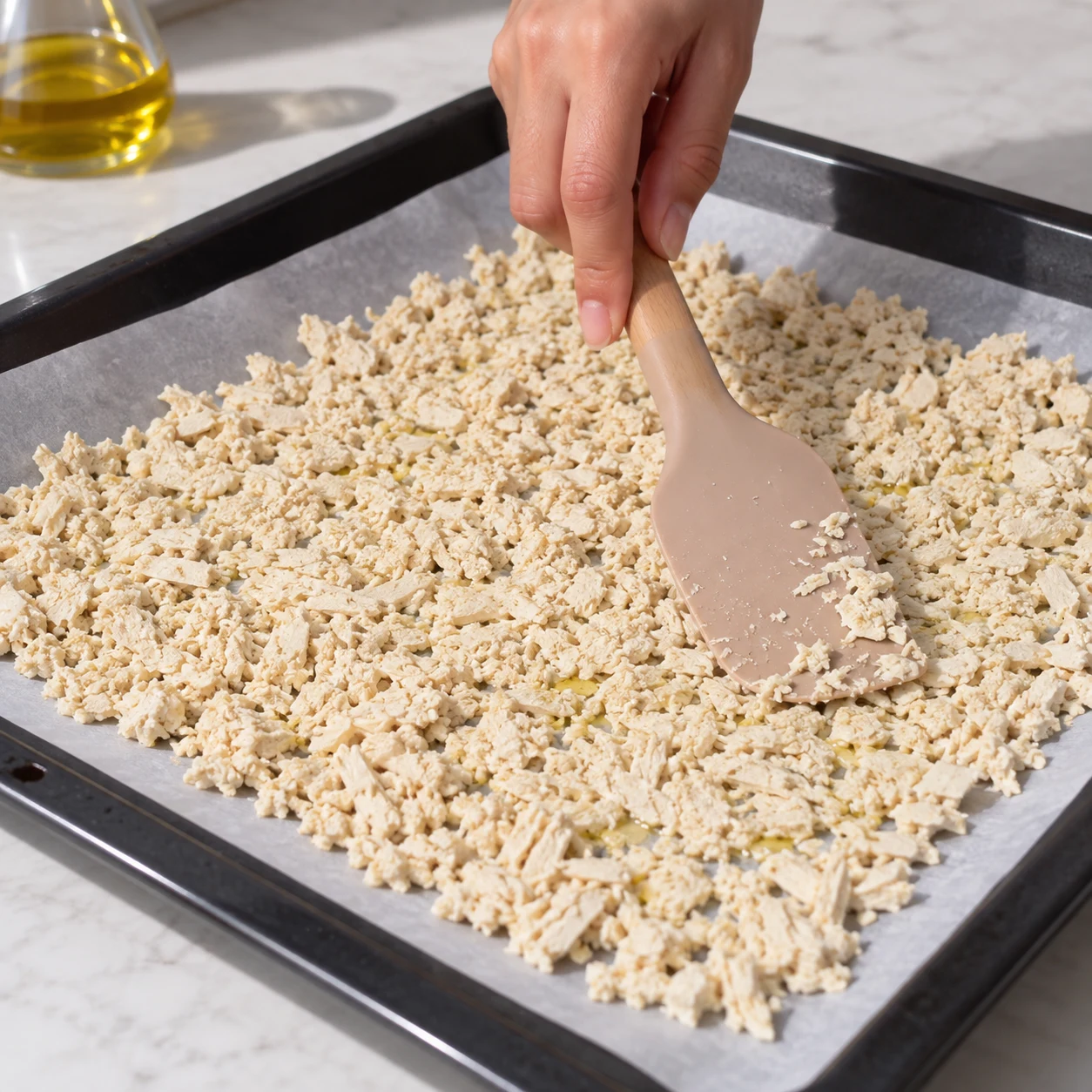 Spatule étalant le tofu nature râpé cru sur papier cuisson.