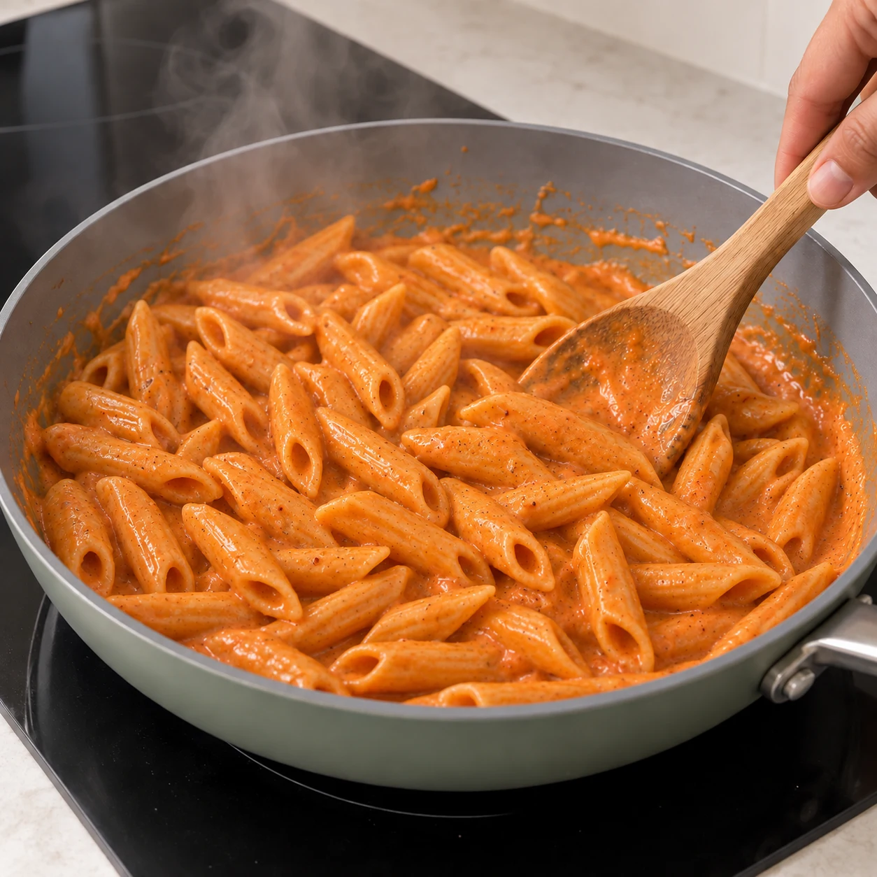 Laisse cuire les pâtes enrobées encore 1 à 2 minutes à feu doux dans la sauce. Représenter uniquement les ingrédients de cette étape, leur état et le geste indiqué, sans texte ni personne identifiable.
