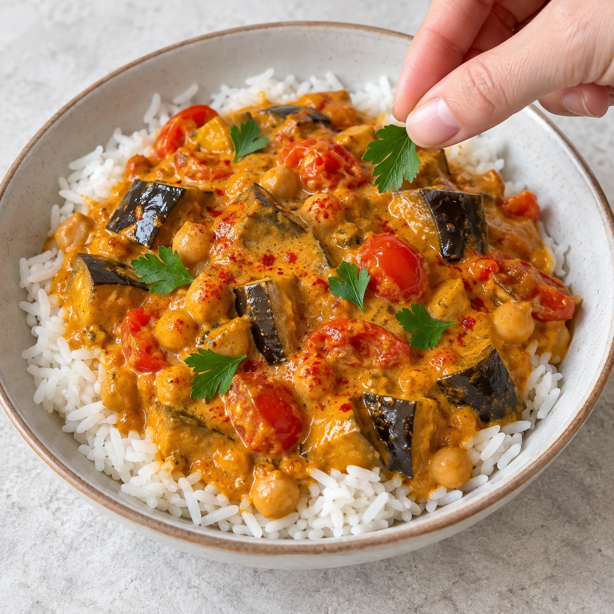 Main anonyme ajoutant une petite feuille de persil au curry aubergines pois chiches sur riz, finition pimentée déjà présente.
