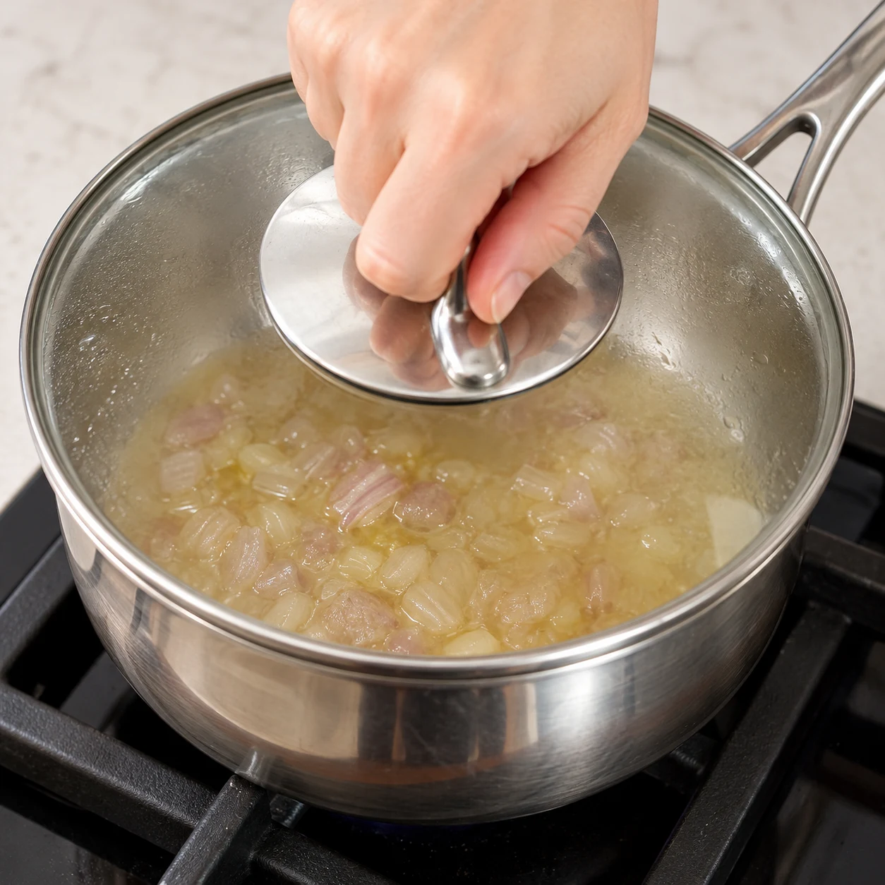Casserole inox couverte, échalotes dans 50 ml de bouillon végétal préparé avec le cube. La préparation du concentré est une adaptation documentée ; le geste filmé est le couvercle.