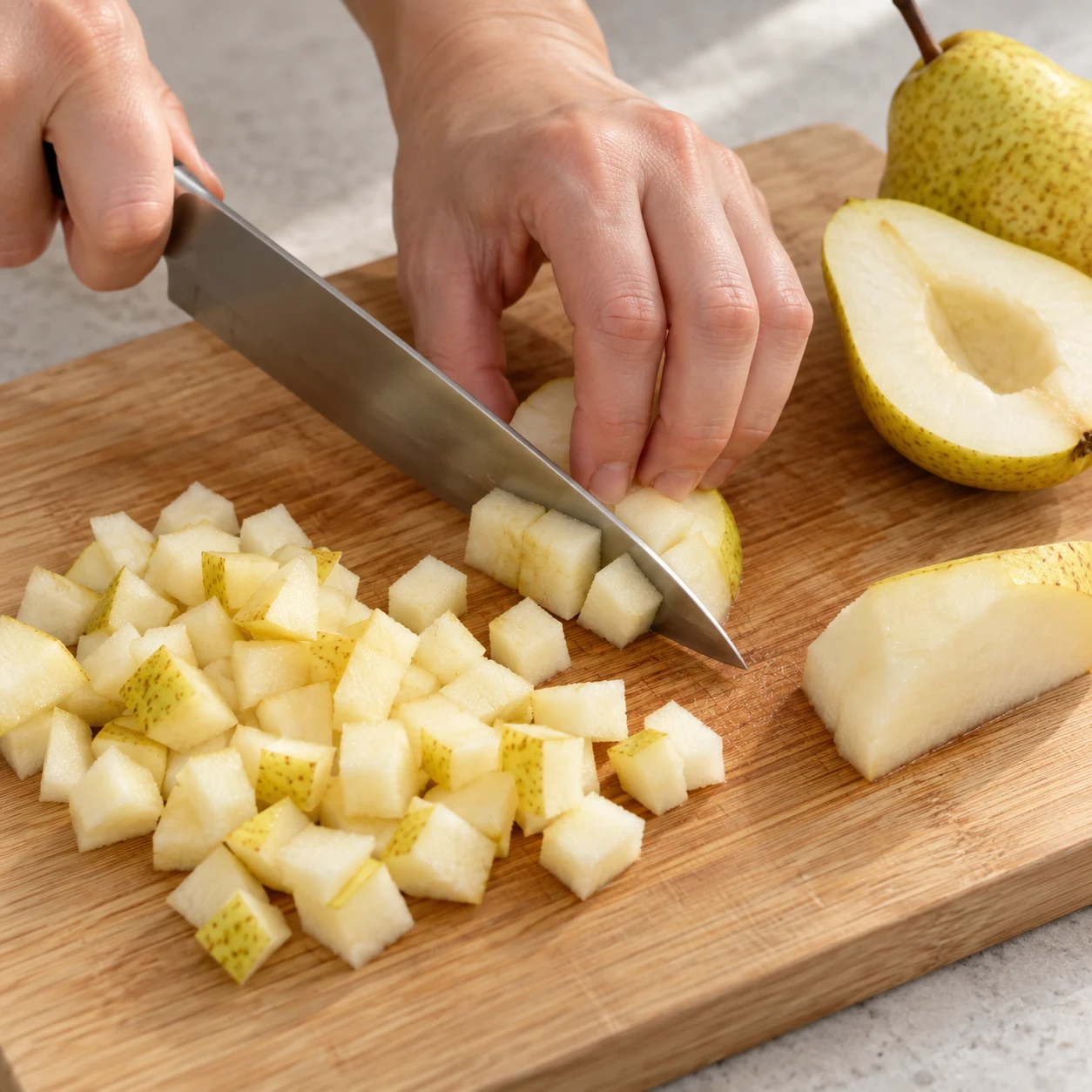Couper des poires en petits dés sur une planche stable avec prise en griffe sûre.
