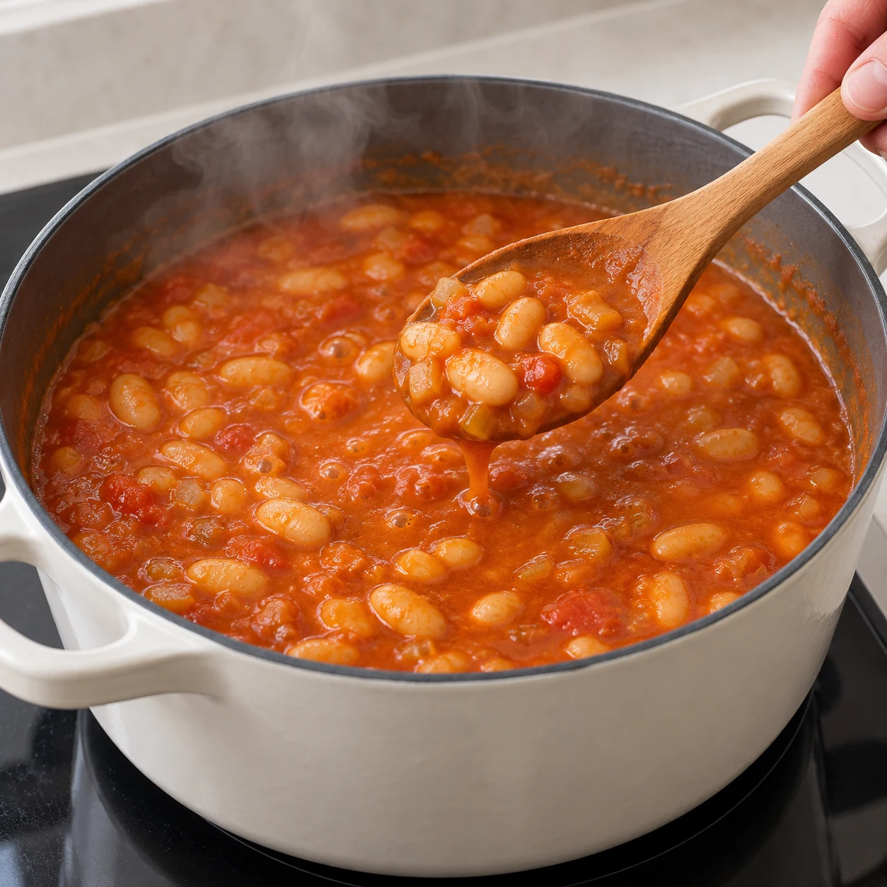 Cocotte de haricots blancs dans une sauce tomate rouge orangée qui mijote doucement, sans viande.