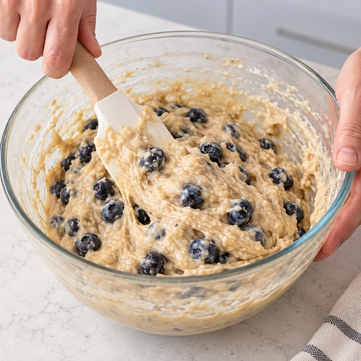 Spatule repliant une pâte épaisse beige avec des myrtilles fraîches entières.