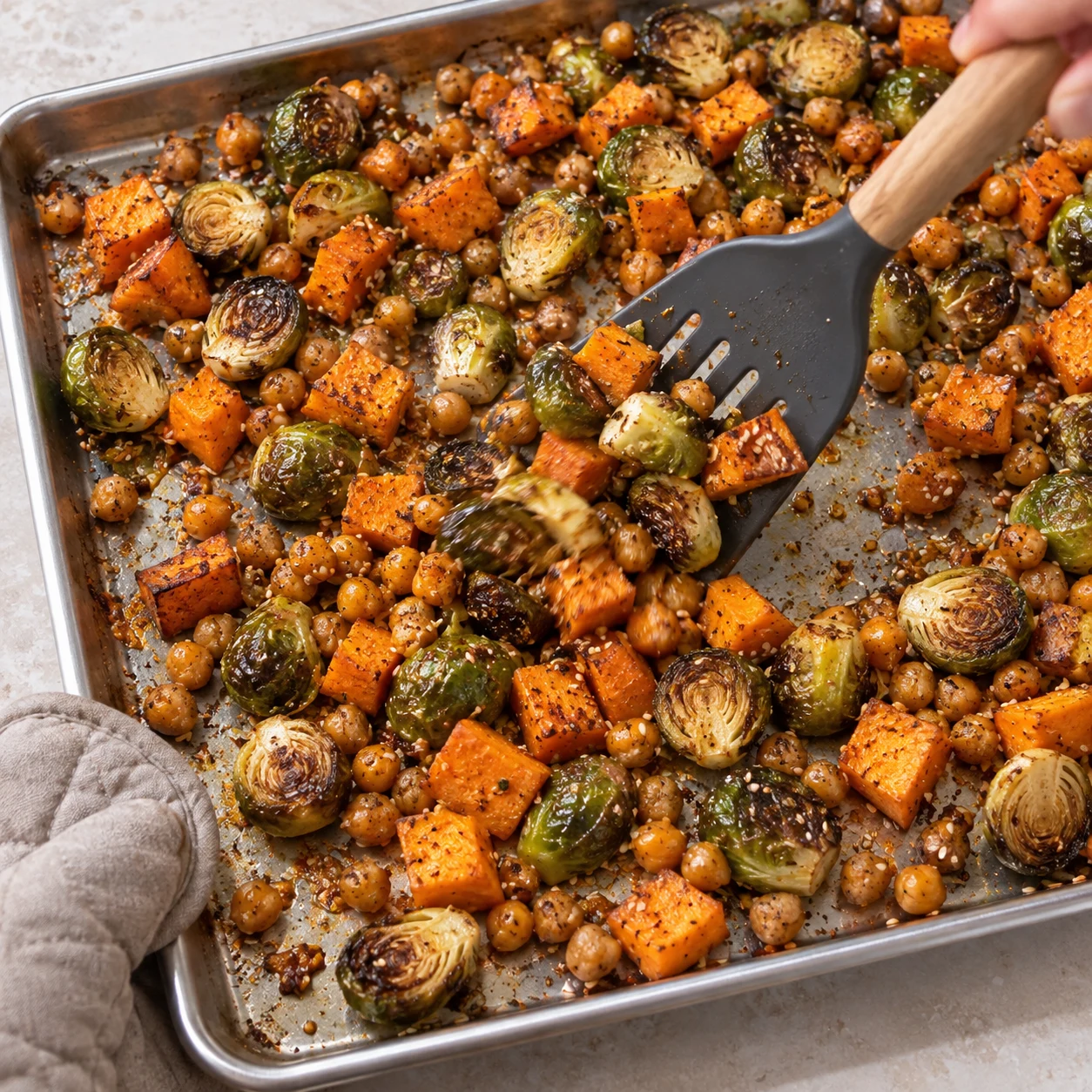 Légumes et pois chiches partiellement rôtis sur plaque inox, remués avec spatule et main protégée par manique.