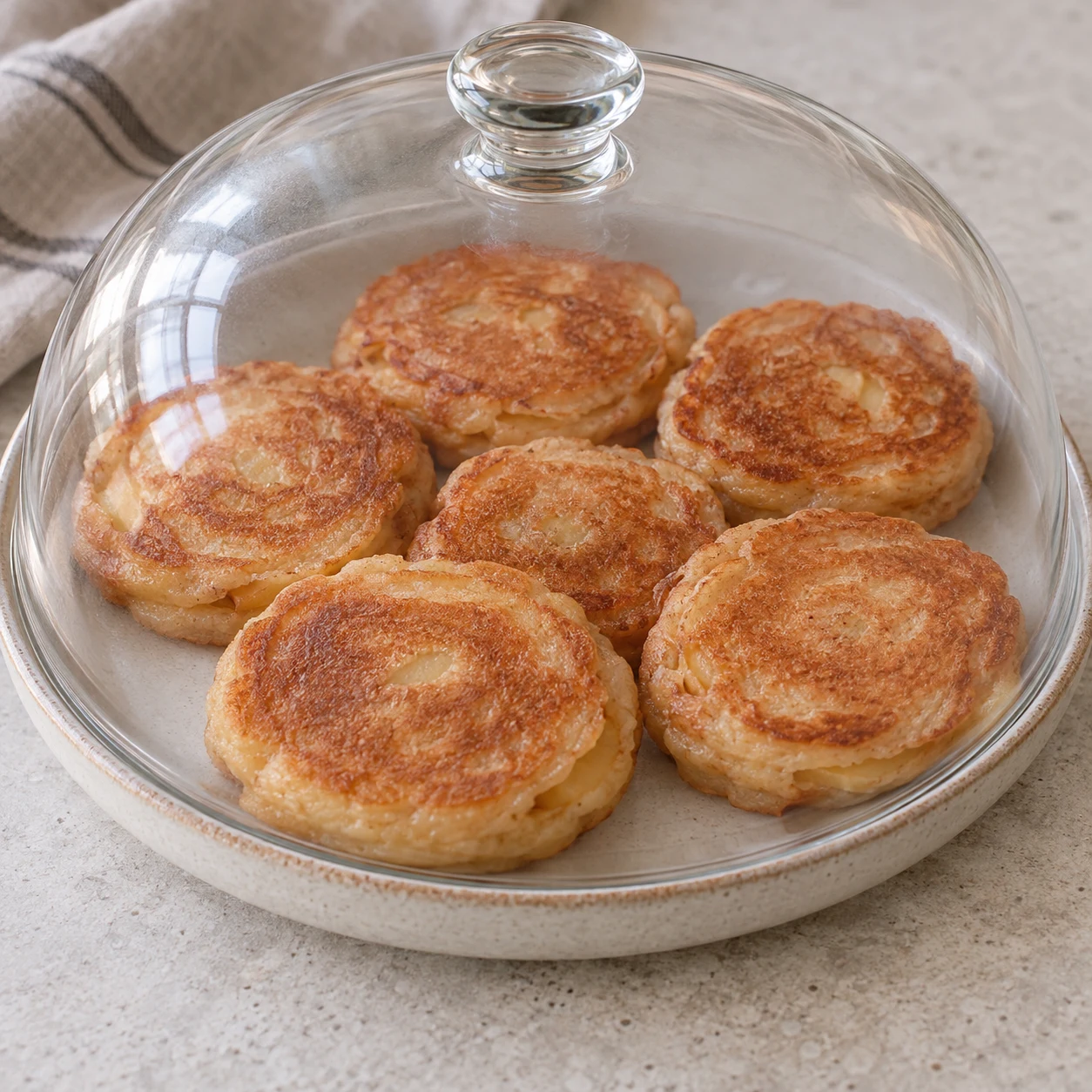 Plat neutre de six beignets dorés sous un couvercle, sans mains.