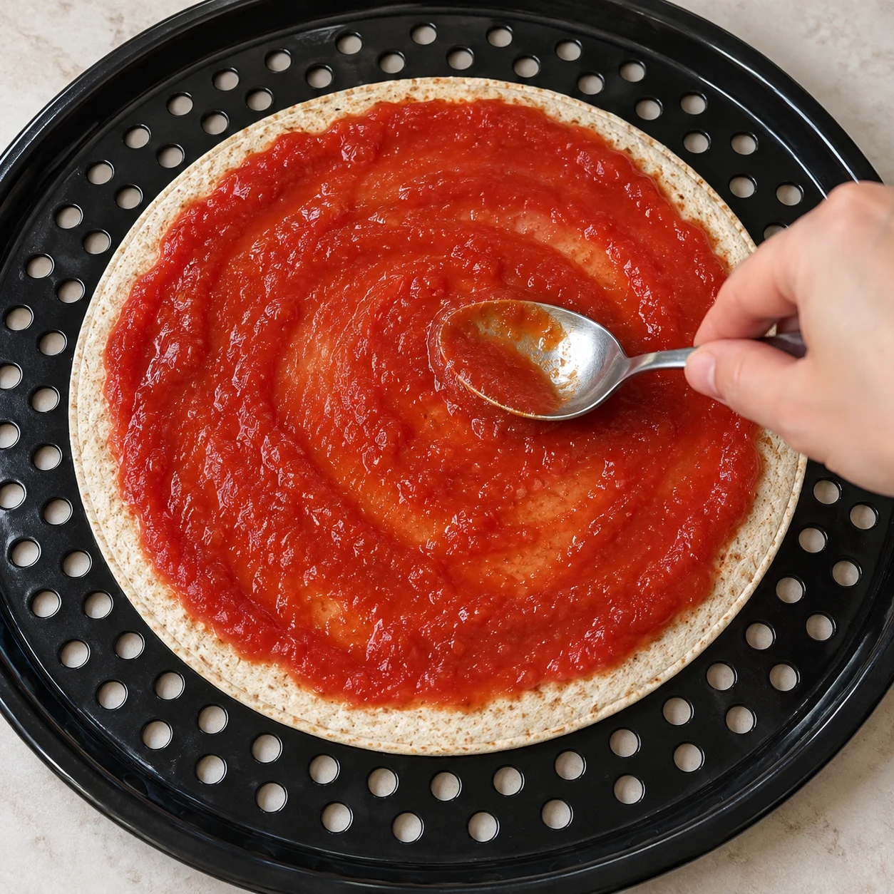 Dos de cuillère étalant tomate rouge sur la tortilla supérieure, sans morceaux sur cette couche.