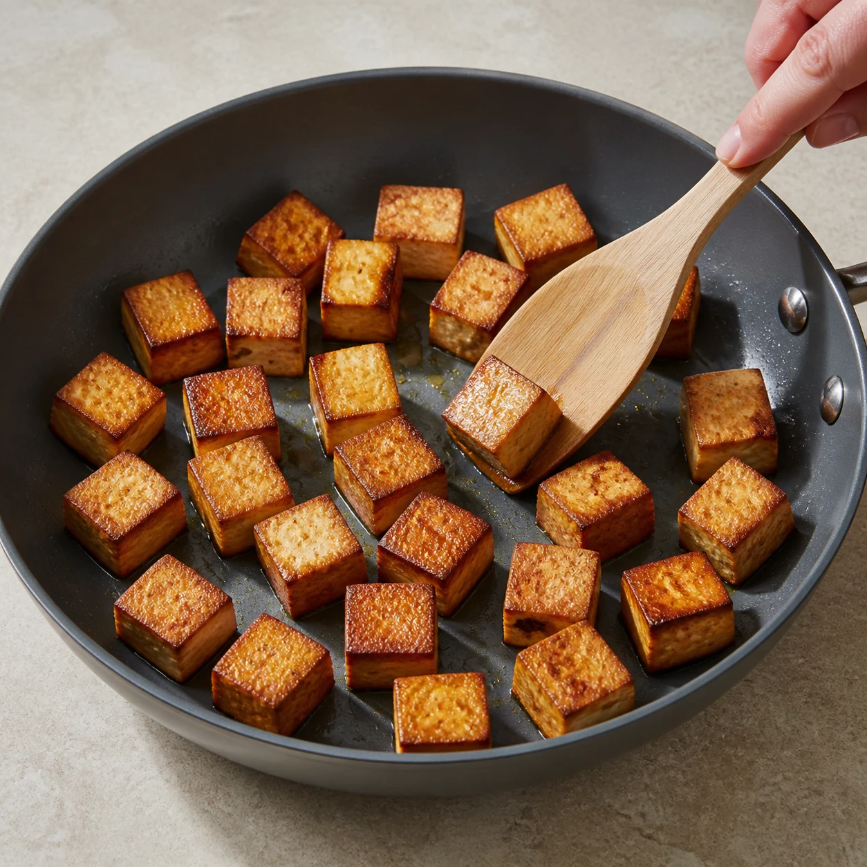 Gros dés de tofu fumé brun doré dans une poêle chaude, bords légèrement croustillants.