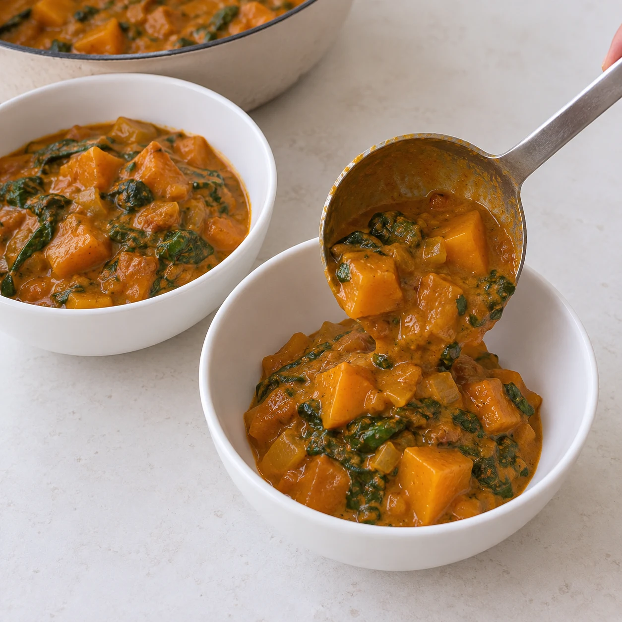 Louche servant le curry de butternut seul dans un bol blanc, pas de riz ni pain ni yaourt à ce stade.