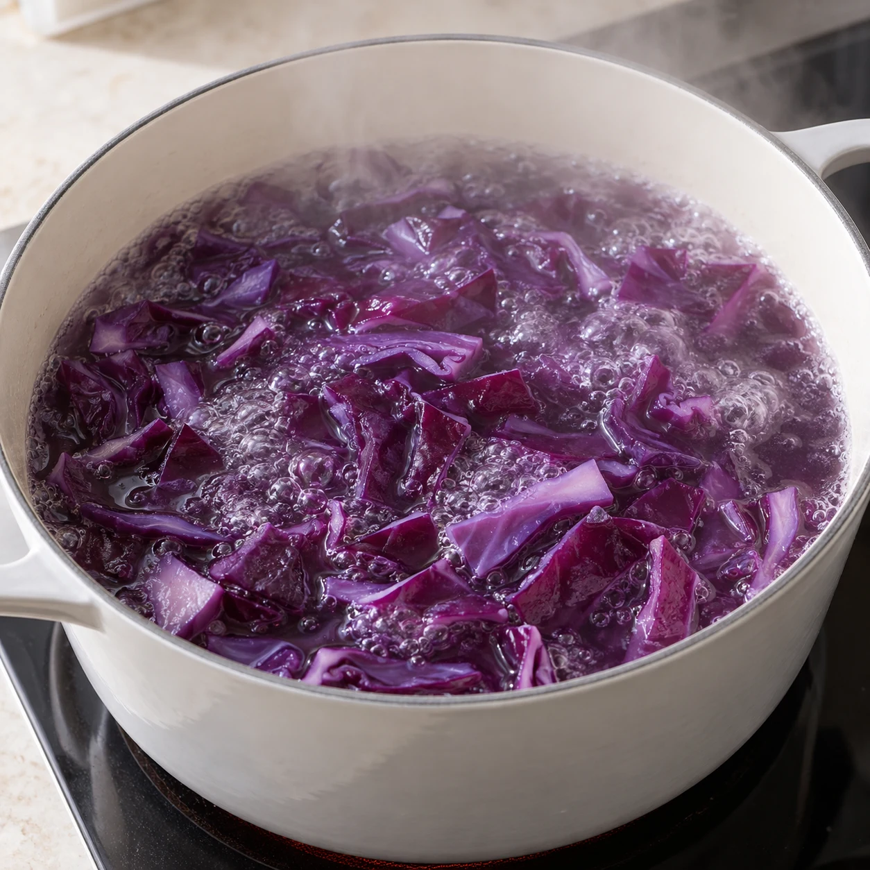 Morceaux de chou violet dans une casserole d’eau bouillante.