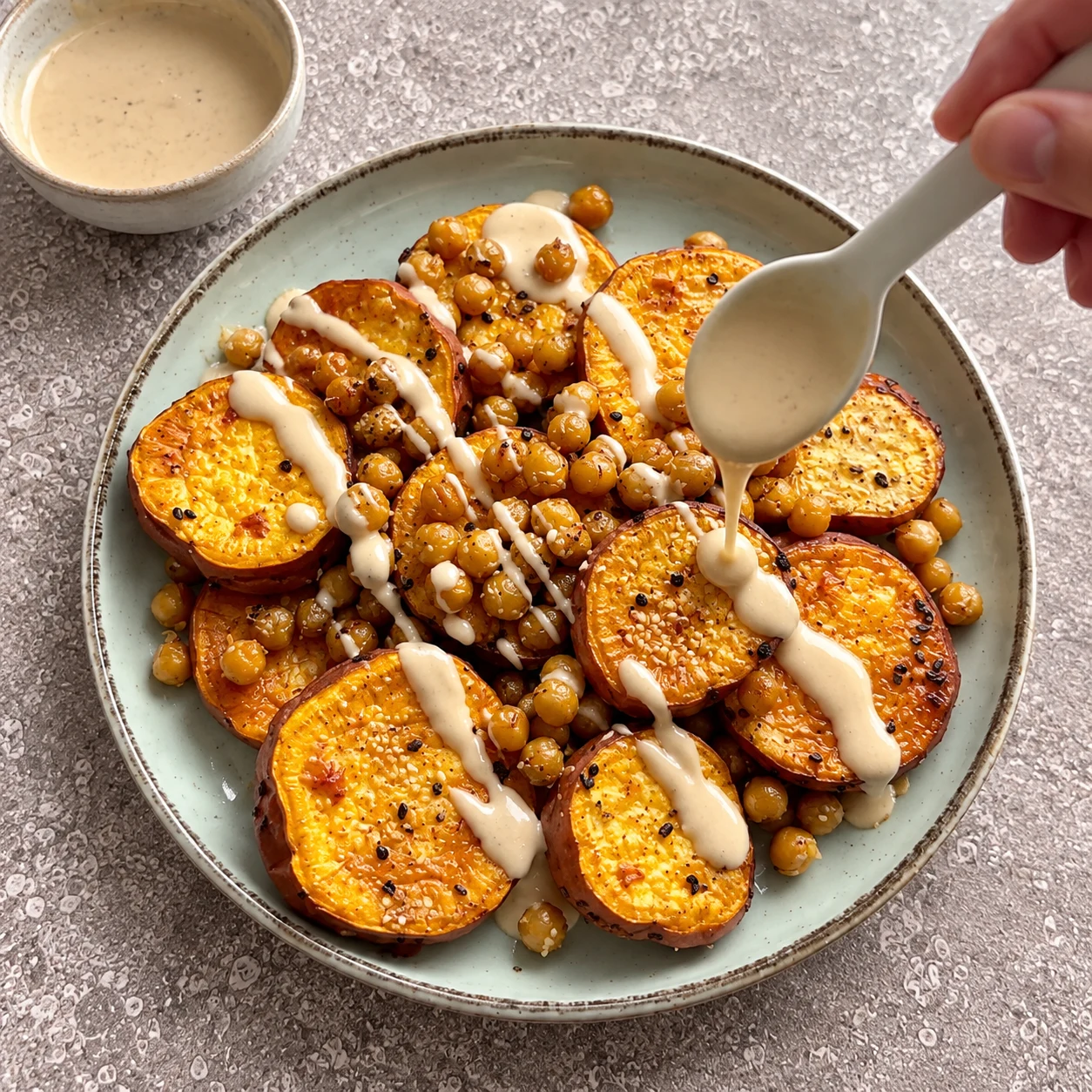 Cuillère nappant quelques rondelles de sauce crème beige, sans grenade ni herbes.