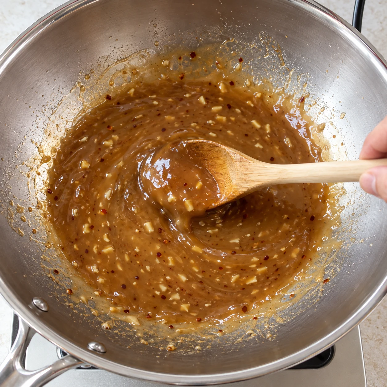 Une cuillère en bois mélange une sauce brun clair épaississante à l’ail dans le wok, sans sirop ni chou-fleur.