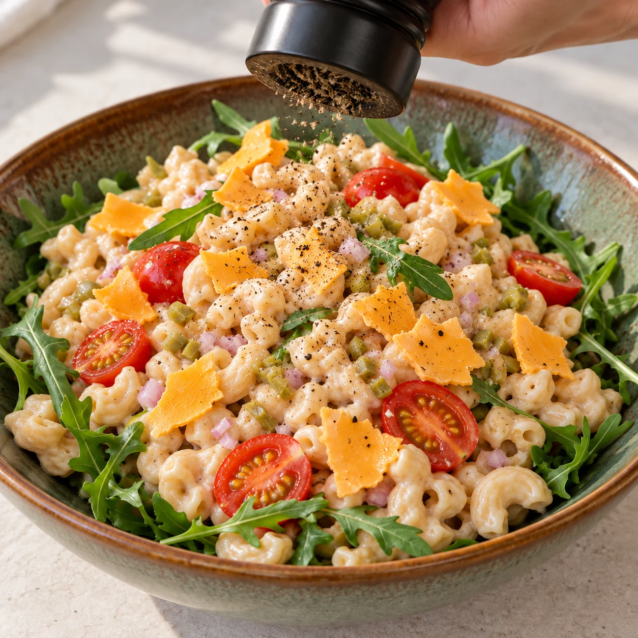 Moulin à poivre au-dessus de la salade de pâtes finie, miettes de fromage végétal en tranches de couleur orange et roquette.