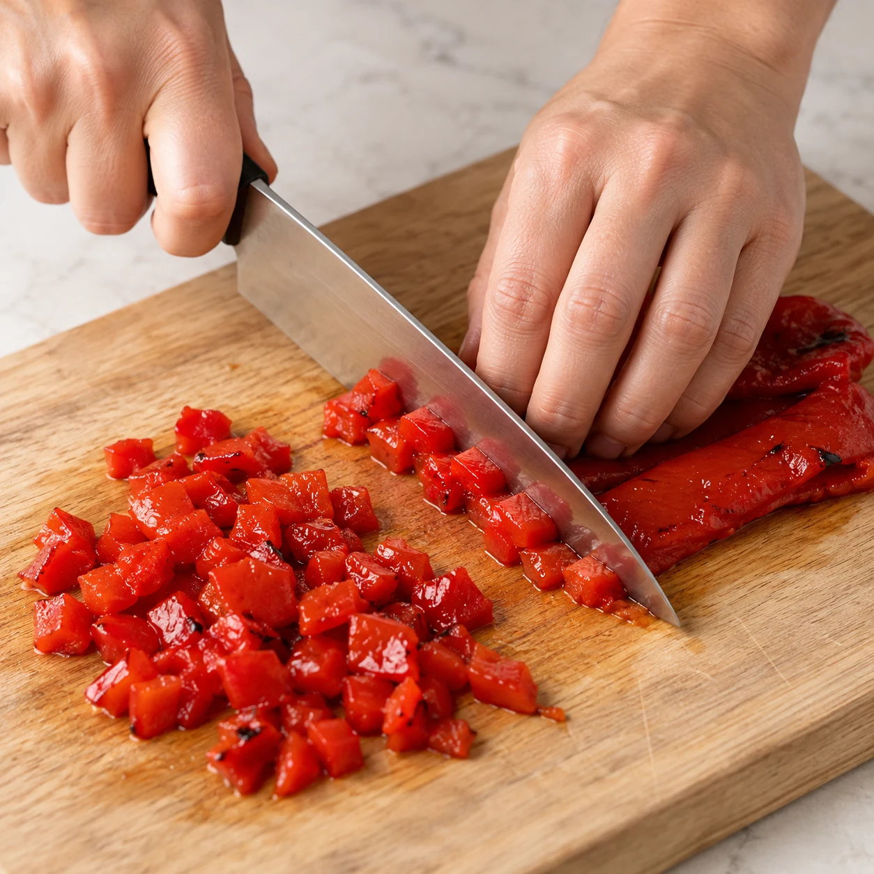 Mains adultes anonymes hachant uniquement du poivron rouge grillé tendre sur une planche, prise en griffe sûre. La capture montre son état, pas le hachage.