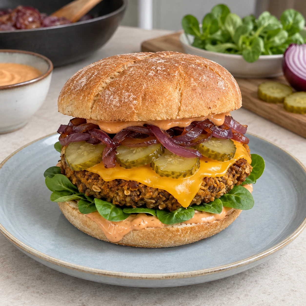 Burger complet lentilles haricots blancs écrasés avoine avec mâche tranche végétale au cheddar cornichon oignon rouge et sauce cacahuète.