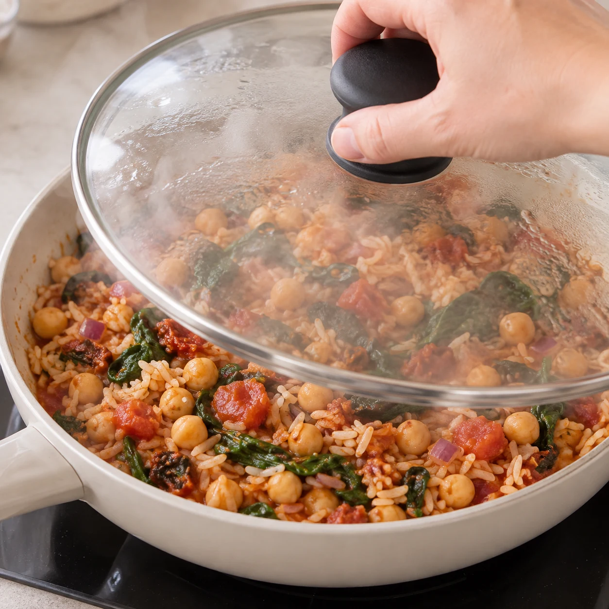 Réchauffer à couvert : Couvrez et réchauffez doucement jusqu’à ce que les pois chiches et le riz soient chauds à cœur. Le réchauffage remplace la cuisson des œufs de la source.