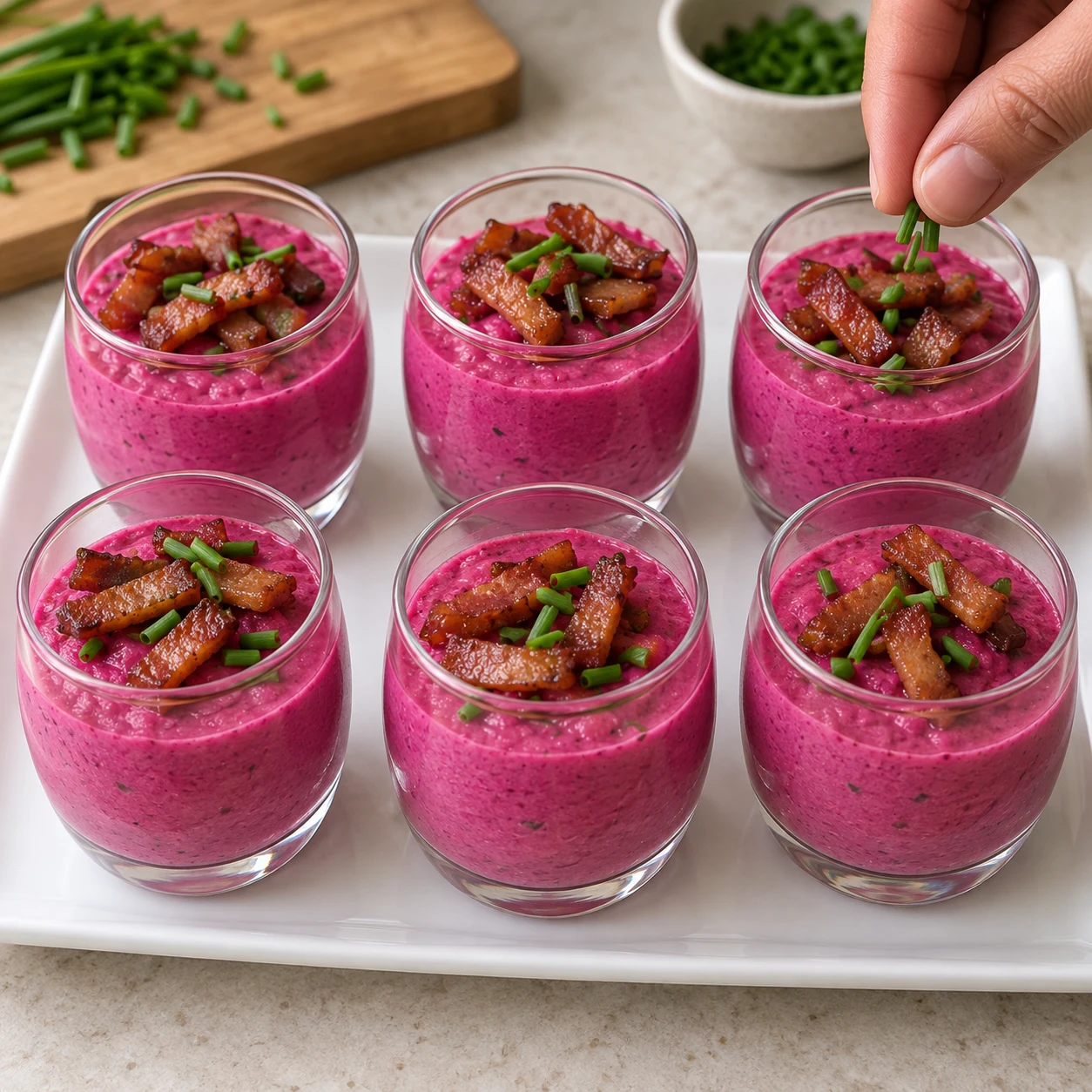 Six petites verrines magenta sur plateau blanc, garnies uniquement de lardons végétaux et ciboulette, aucune touche de fromage.