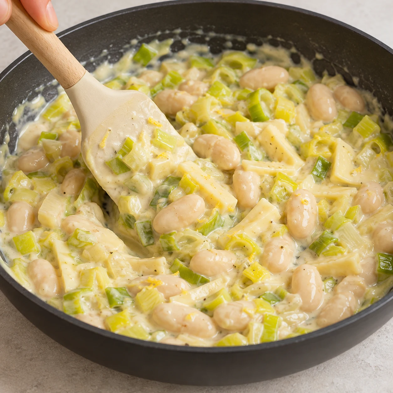 Spatule qui mélange des haricots blancs entiers et des poireaux dans une sauce crémeuse.