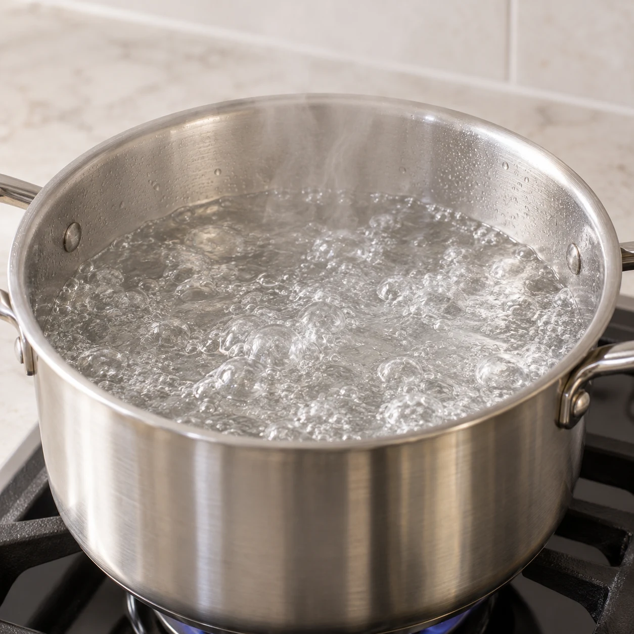 Casserole inox avec eau bouillante seule.