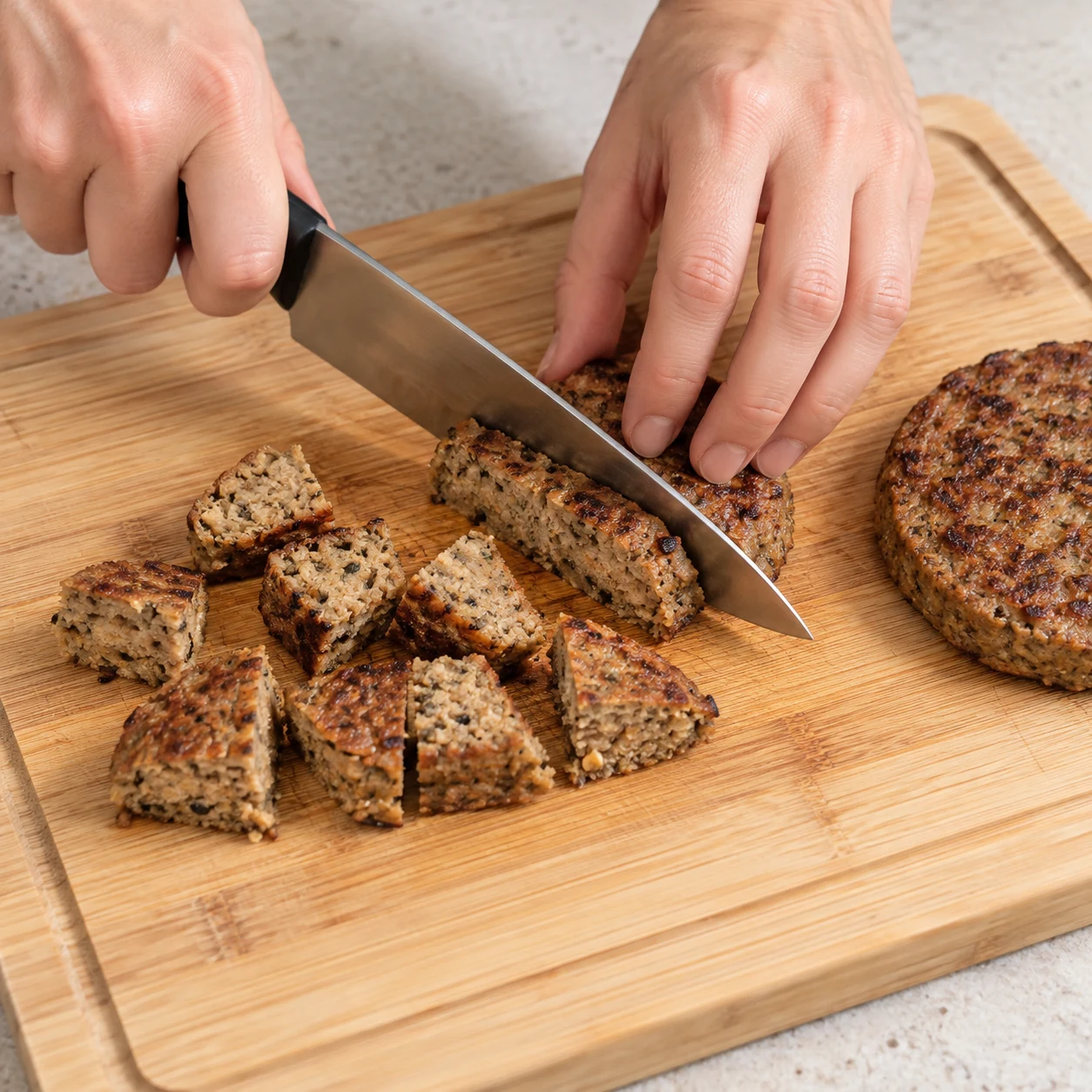 Coupe les steaks végétaux cuits en gros morceaux sur une planche stable. État à montrer : Les steaks cuits sont en gros morceaux qui se tiennent.