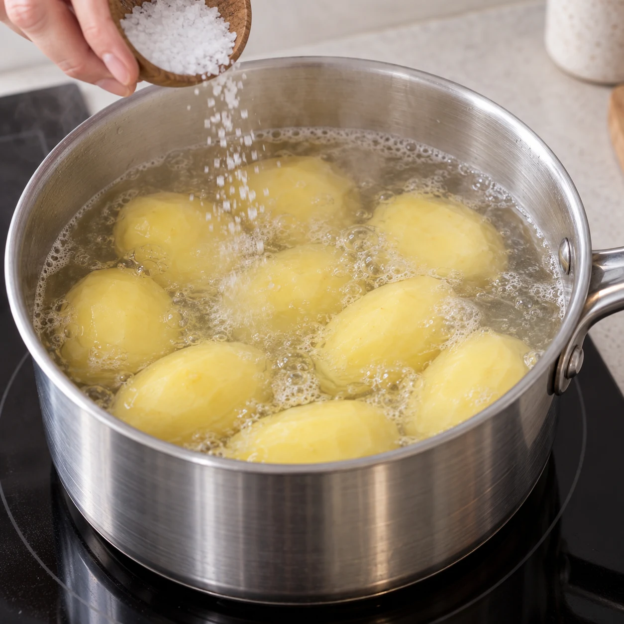 Cuire les pommes de terre : Plongez les pommes de terre épluchées dans une casserole d’eau salée et faites-les cuire. Gardez les cinq dernières minutes de cuisson pour les haricots verts. Résultat : La cuisson est engagée et l’eau frémit.