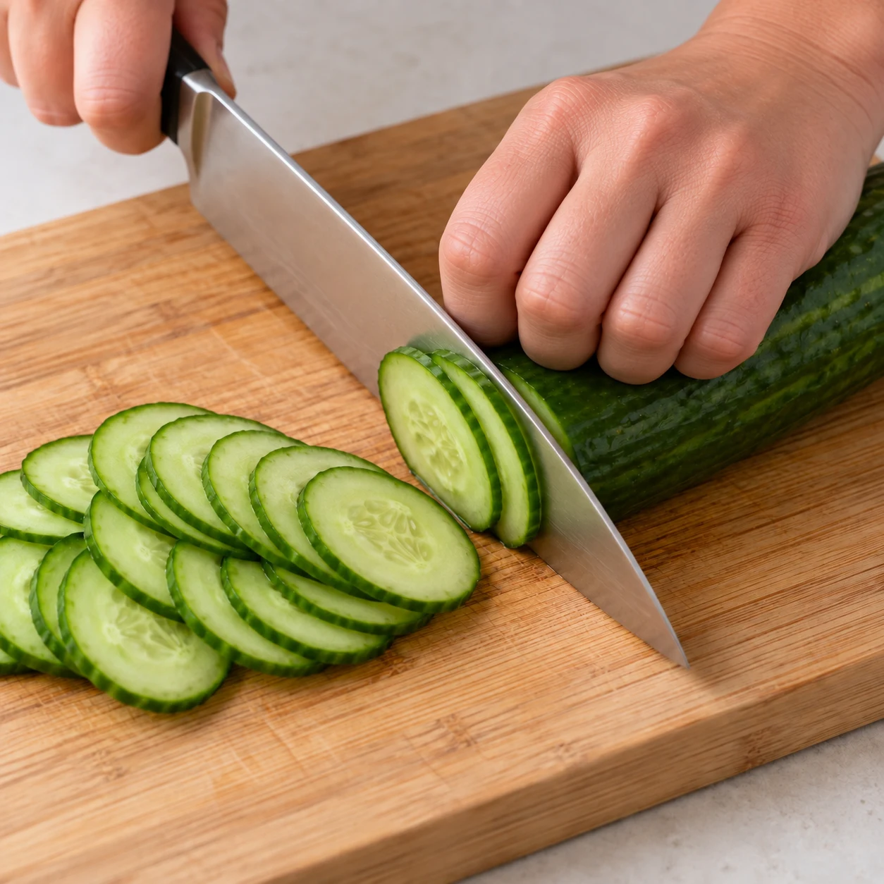 Coupez des tranches fines de concombre sur une planche stable, les doigts repliés.