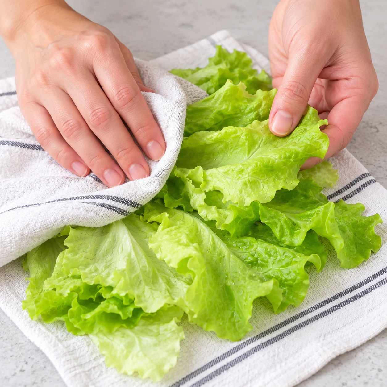 Feuilles de salade verte égouttées, mains anonymes les séchant sur un linge neutre.