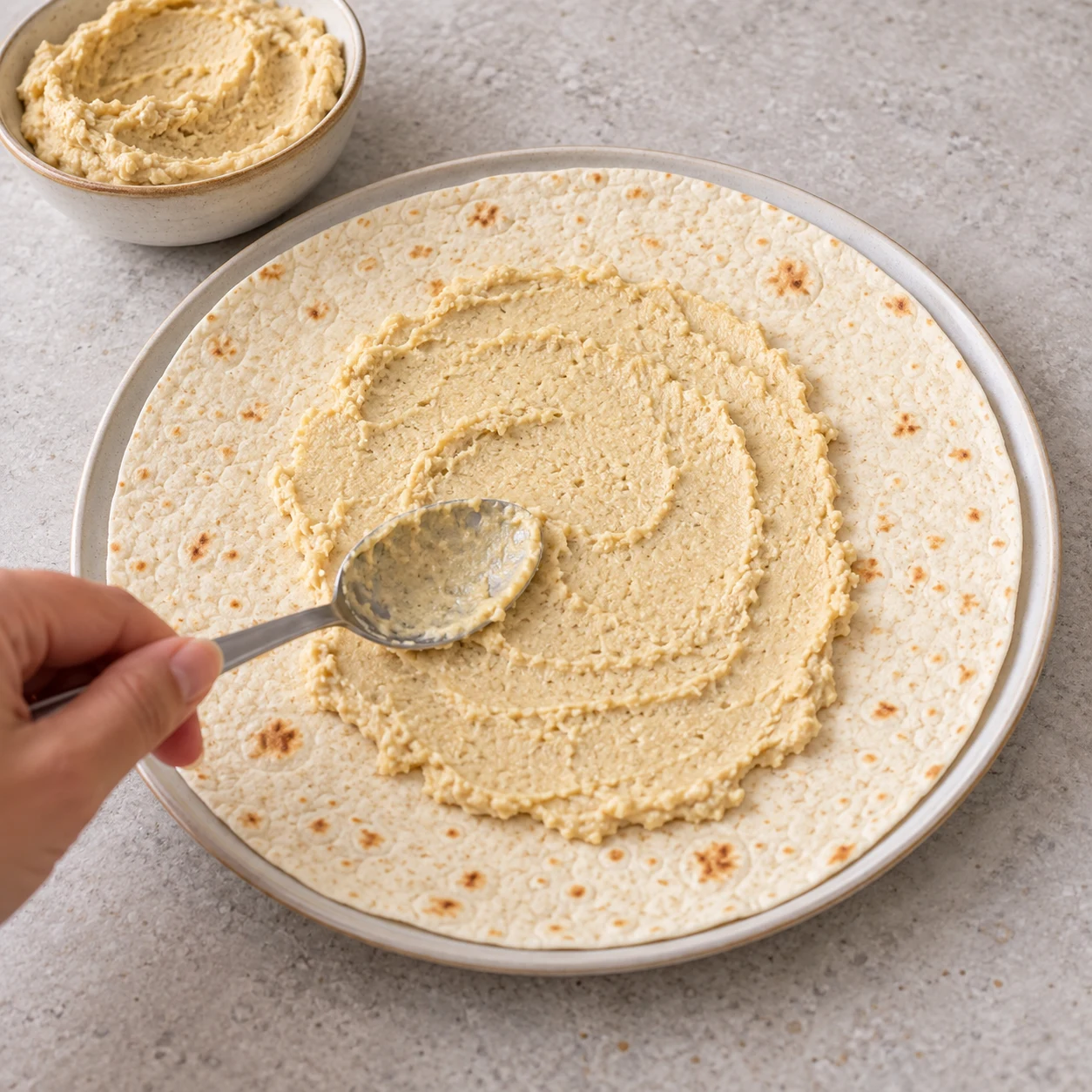 Cuillère étalant le houmous au centre du wrap.