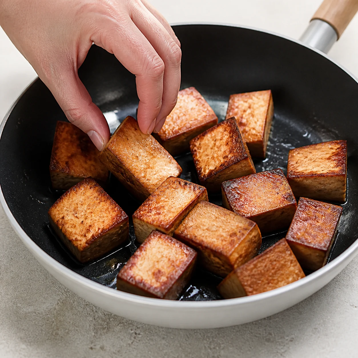 Gros morceaux de tofu fumé dorés dans une poêle, texture rôtie et bords caramélisés.