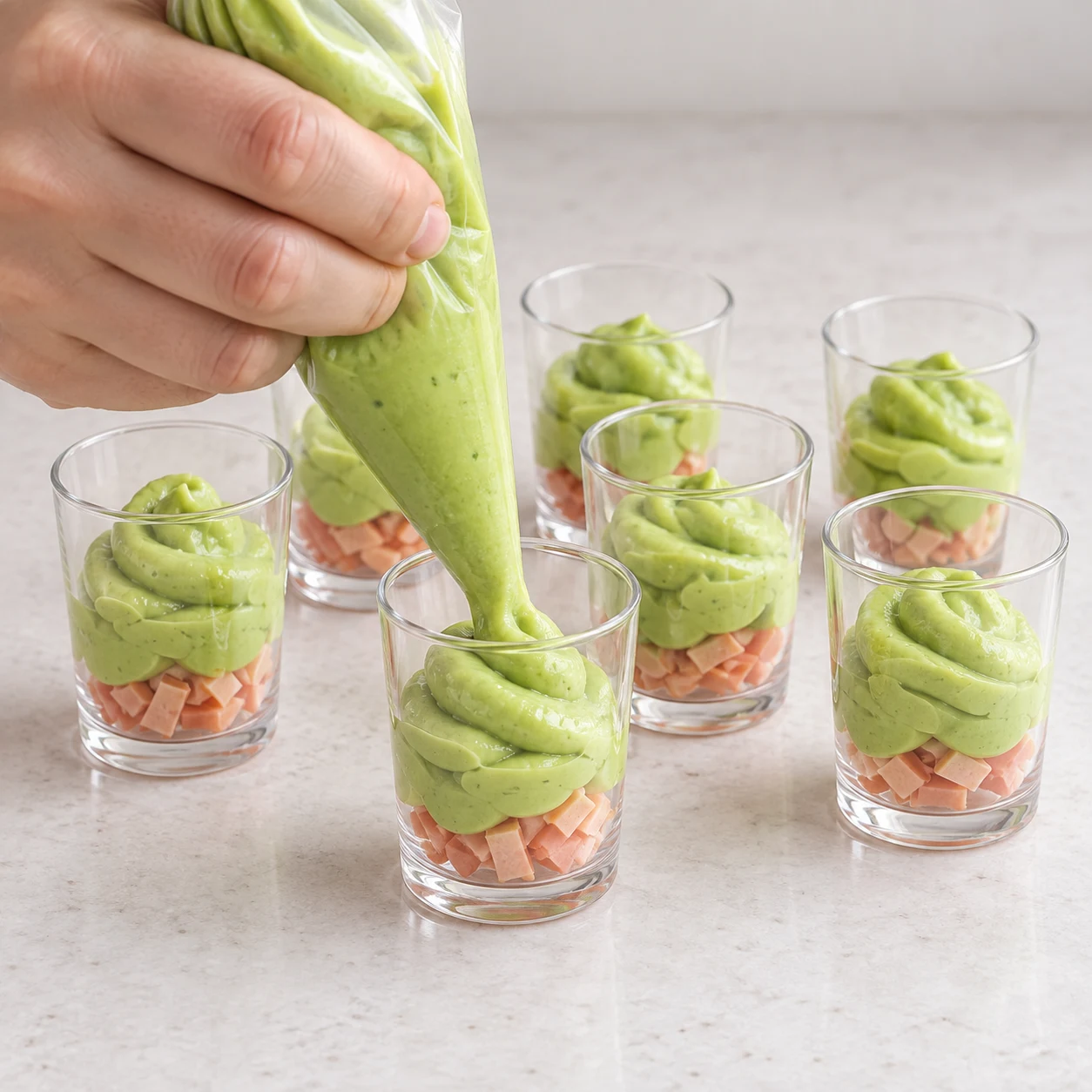Une poche de crème verte remplit une verrine contenant seulement des morceaux de tranches végétales au fond; aucune couche beige encore.