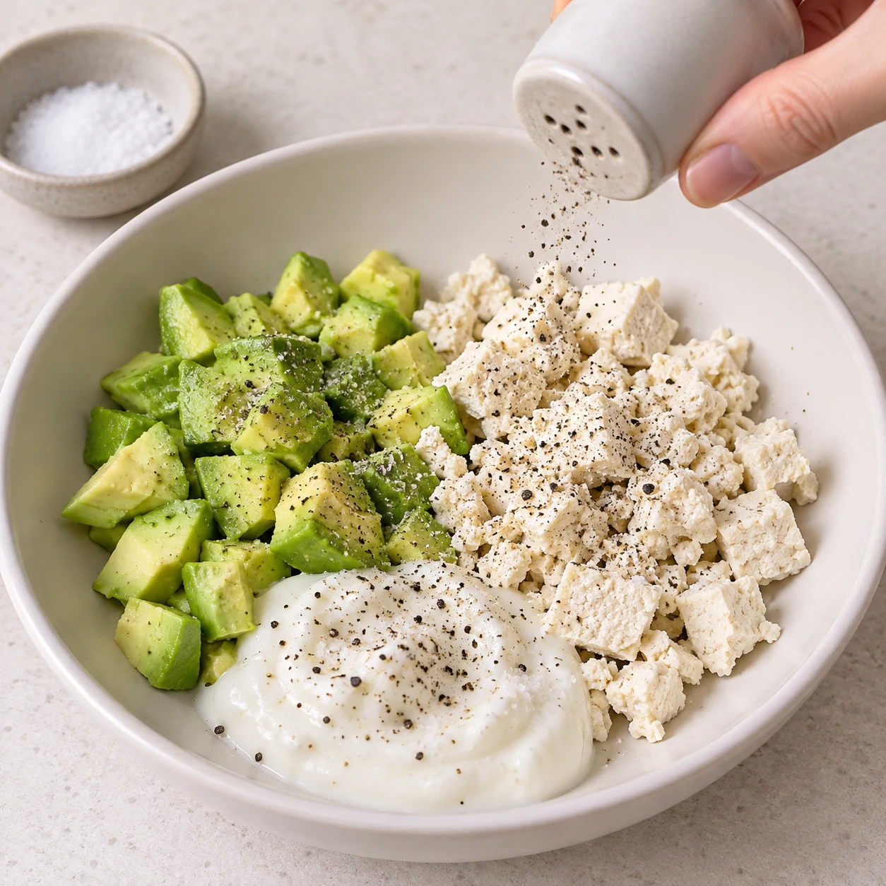 Une main anonyme assaisonne le tofu blanc, l’avocat et la crème de soja ; grains fins de poivre.