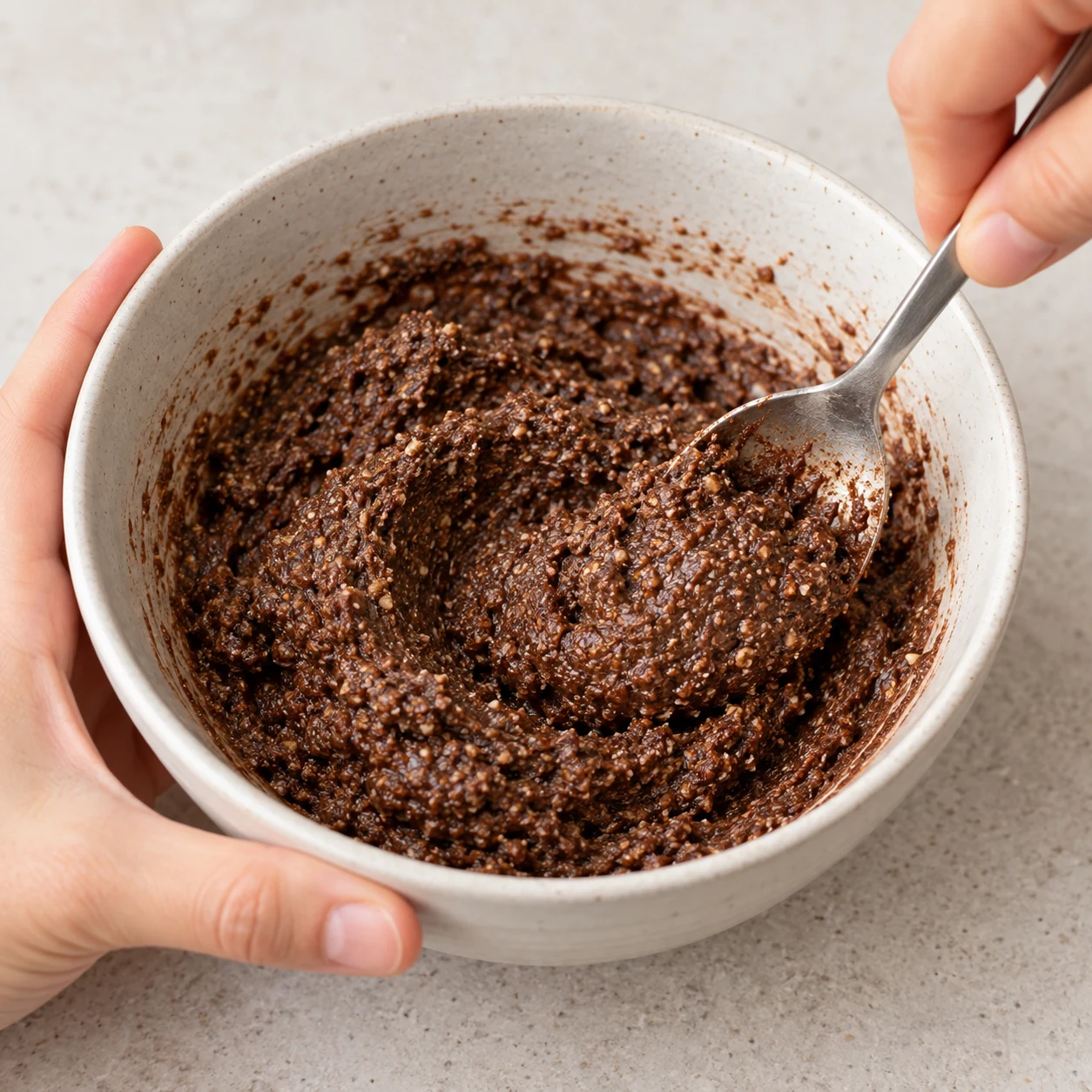 Cuillère mélangeant une pâte de noix, graines de courge, cacao et agave, brun foncé, finement granuleuse et légèrement collante.